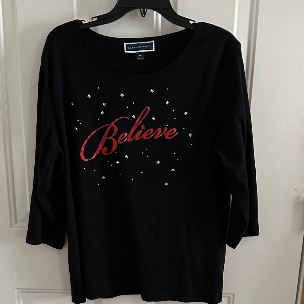 Karen Scott Black Holday Top with Red 'Believe' Design